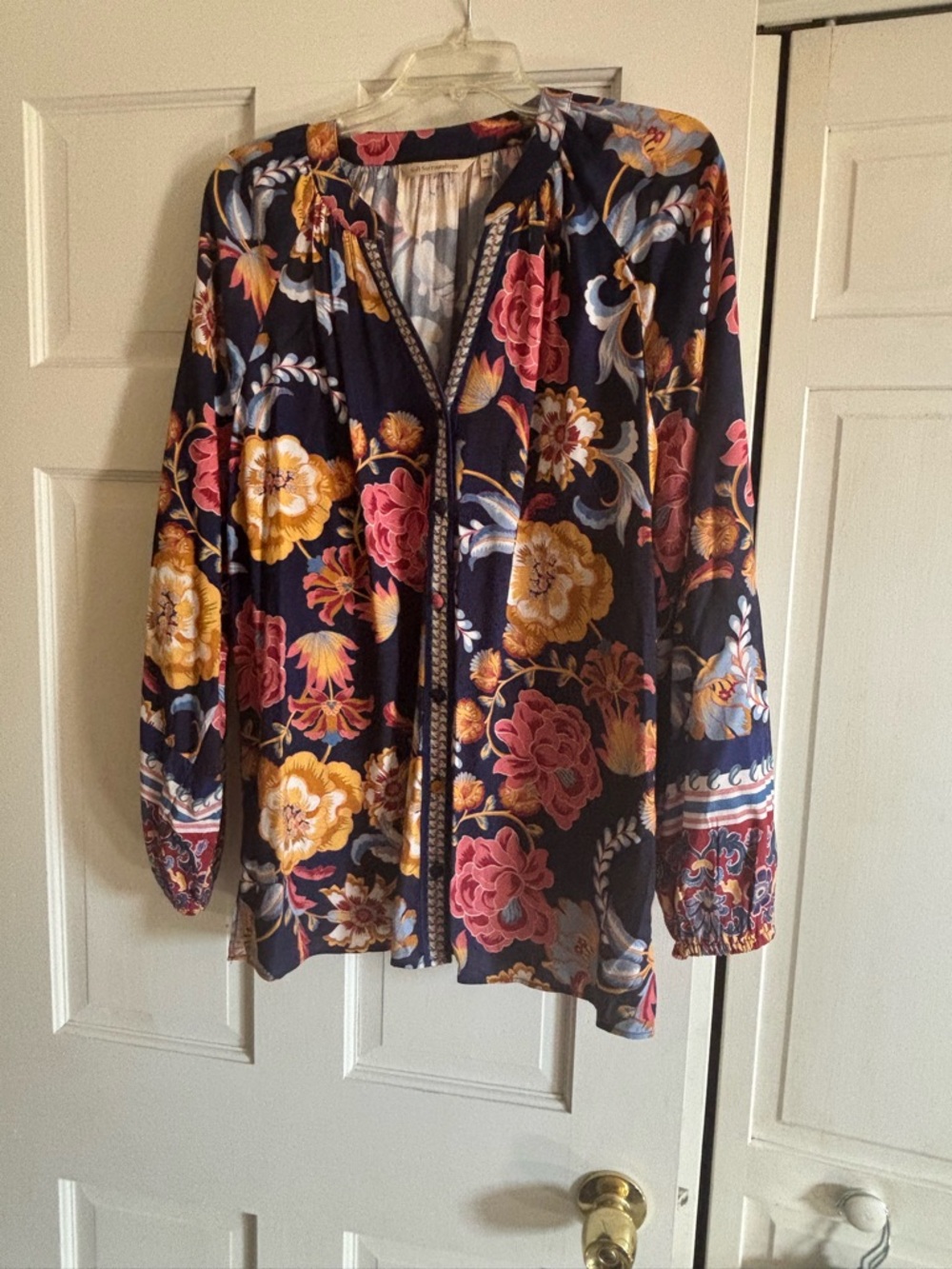 Soft Surroundings Navy Floral Blouse with Pink and Gold Accents